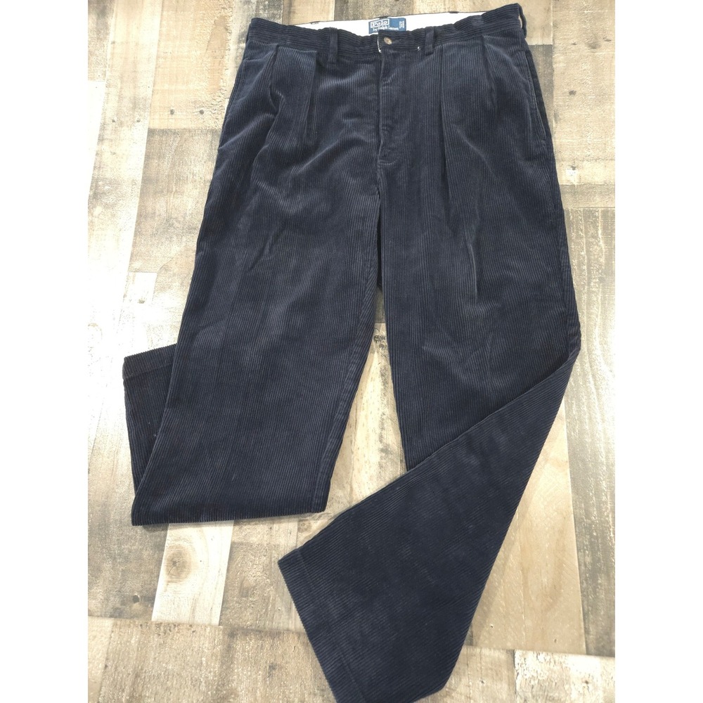 Vintage 90s Polo Ralph Lauren Andrew Pant Pleated Corduroys Navy Blue 38/32